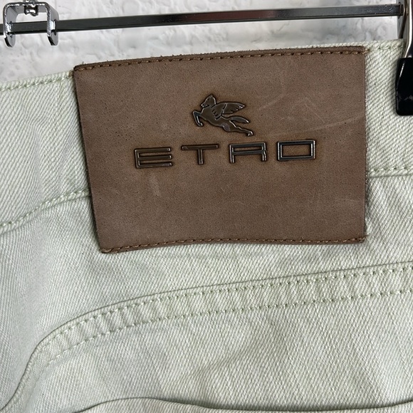 Etro Cotton Mint Branded Leather Straight Leg Denim Jeans - Picture 8 of 14